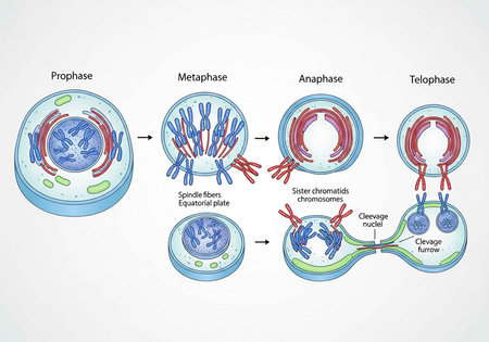 Illustration of cell division showing prophase, metaphase, anaphase, and telophase stages with...