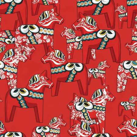 Repeating pattern of colorful Dala horses on a bold red background with floral designs.の写真素材