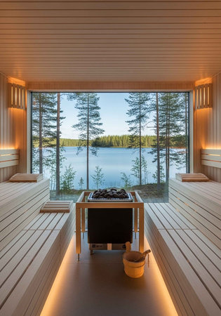 A serene sauna with large windows overlooking a tranquil lake, featuring wooden walls, benches, and...