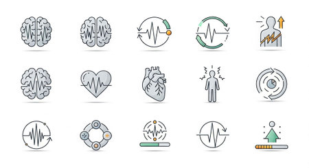 A collection of fifteen black and white line icons representing brain, heart, pulse, and other...