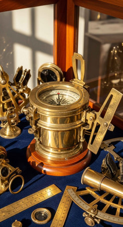 A collection of antique brass navigation tools, including a compass, sextant, and telescopes, arranged on a blue cloth.の写真素材
