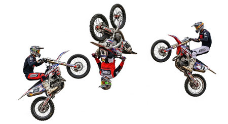 Three motocross riders in mid-air performing tricks on dirt bikes.