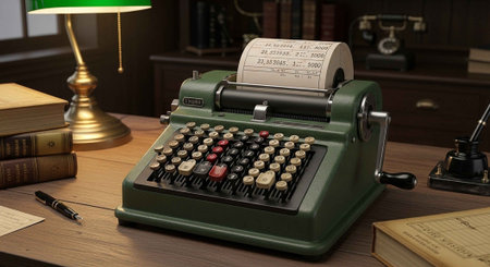 A green vintage typewriter with a paper roll on a wooden desk, surrounded by books, a lamp, and...