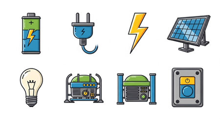 Vibrant icons of energy sources including batteries, plugs, lightning, solar panels, generators, and...