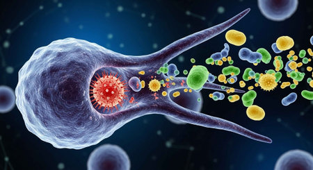 Detailed 3D rendering of viruses entering a cell, surrounded by various pathogens.