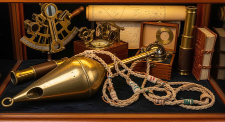 Antique nautical instruments, brass telescope, rope, and old books on a wooden shelfの写真素材