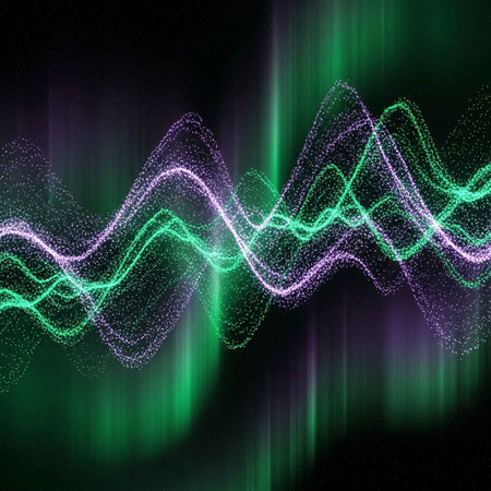 Dynamic, colorful wavy lines in green and purple on a dark background.