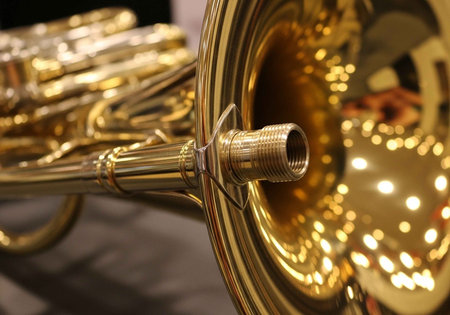 Detailed view of a polished brass trombone, showcasing its golden hue and intricate mechanical...