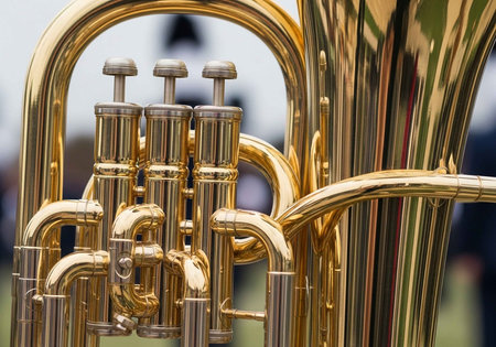 Detailed view of polished brass musical instruments, likely horns, with visible valves and tubing.