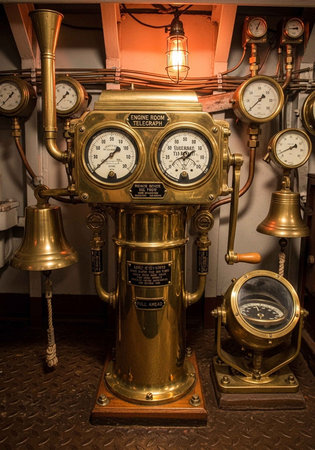 Antique brass control panel with multiple gauges, dials, and valves in an industrial setting.の写真素材