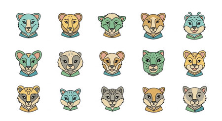 Whimsical illustrations of various animal faces wearing colorful scarves.