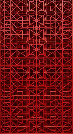 Close-up of a repeating red geometric lattice pattern on a dark backdrop.