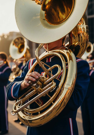 Close-up of a musician in a blue uniform playing a large brass tuba in a marching band.