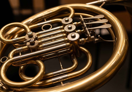 Detailed view of a polished brass French horn, showcasing valves, tubes, and intricate metalwork.