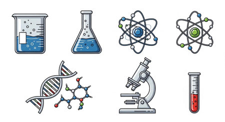 Vibrant illustrations of science icons including beakers, atoms, DNA, microscope, and test tube.