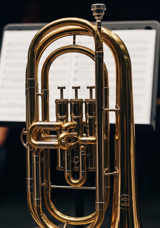 Detailed view of a shiny brass euphonium with visible valves and tubing, placed in front of sheet...