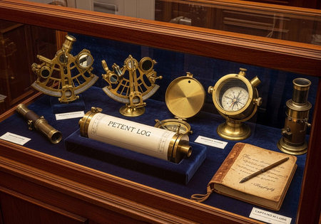 Antique navigation tools including sextants, compass, telescope, and logbook in a wooden display...