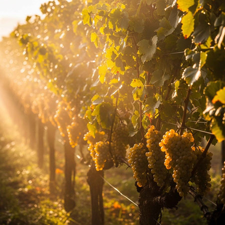 Close-up of grapevines in sunlight, showcasing ripe grapes and green foliage in a vineyard setting.の写真素材