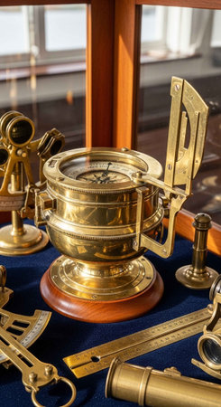 Antique brass navigational tools including a sextant, compass, and rulers on a blue velvet cloth.の写真素材