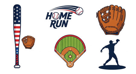 Colorful baseball-themed graphics including a flag bat, glove, field, and player in action.