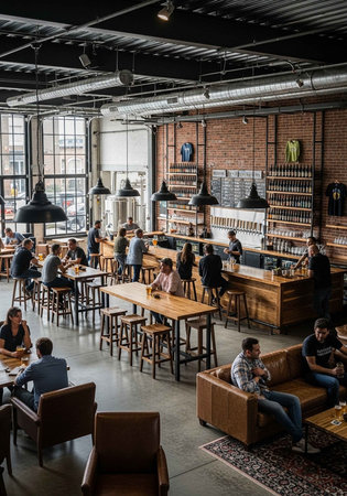 A bustling cafe with an industrial aesthetic, featuring wooden tables, brick walls, and large...