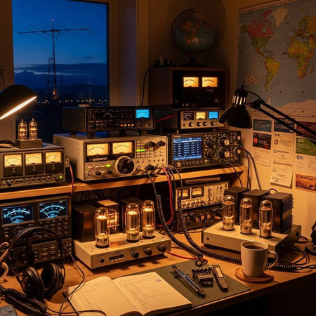 A cluttered space with various electronic devices and equipment at dusk