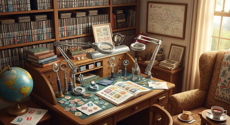 A cluttered desk in a cozy study with various objects and books surrounding it