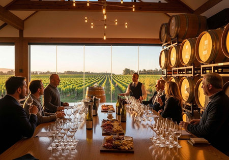A group of people enjoying wine and food in a vineyard tasting room