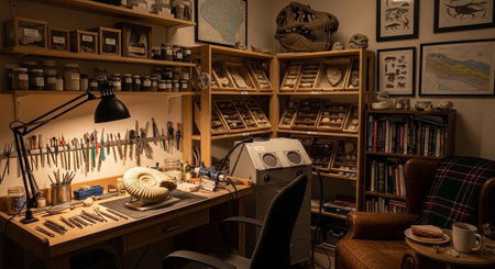 A cluttered workshop with a desk, chair, and shelves filled with various tools and objectsの写真素材