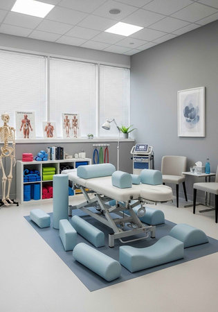 A physical therapy room with a treatment table and various equipment for rehabilitationの写真素材