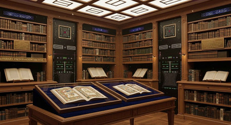 A large, ornate library with bookshelves and a display table featuring open books