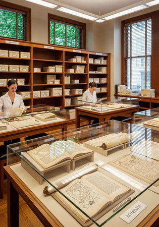 Two women in white lab coats examine ancient manuscripts in a libraryの写真素材