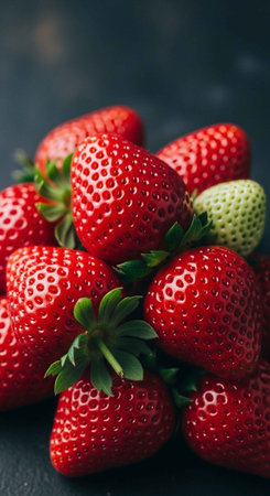 A vibrant pile of fresh strawberries on a dark surface, perfect for healthy eating
