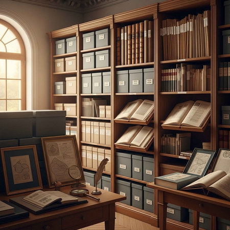 A library with books and boxes on wooden shelves and tables