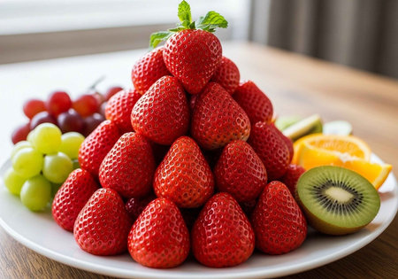 A vibrant plate of fresh fruit including strawberries, grapes, kiwi, and orange slicesの写真素材