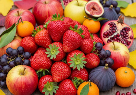 A vibrant and colorful arrangement of fresh fruits on a wooden surface