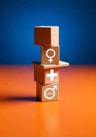A stack of wooden blocks with gender symbols on a colorful background