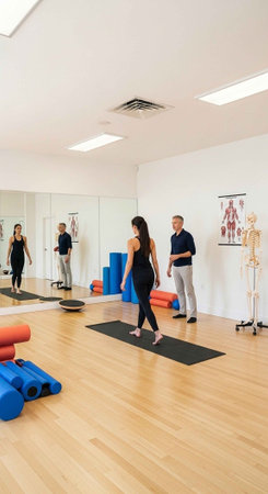 A group of people exercising in a modern fitness studio with various equipment