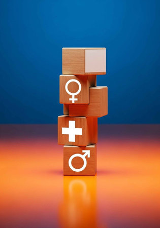 A stack of wooden blocks with gender symbols on a colorful backgroundの写真素材