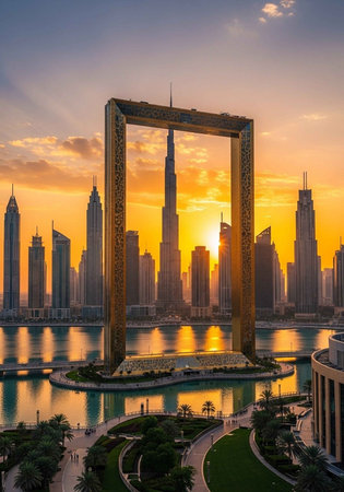 The Dubai Frame stands tall against a vibrant sunset backdrop in the UAE cityscape