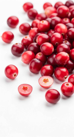 A vibrant pile of fresh cranberries on a clean white surface