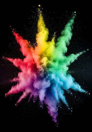 A vibrant cloud of colorful powder explodes against a dark background