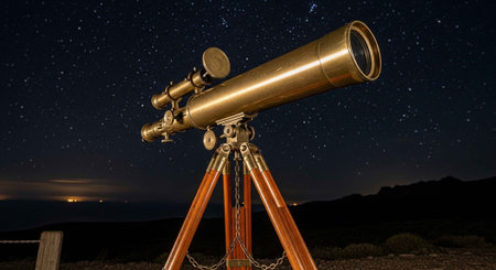 A vintage telescope stands alone under a starry night sky in a desert landscape
