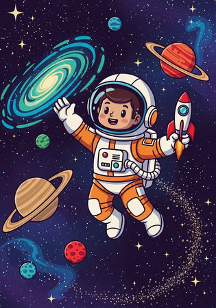 A cartoon boy in an astronaut suit floats in space with planets and stars
