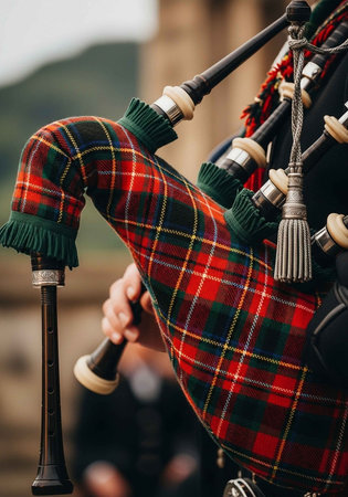 A person playing the bagpipes in a traditional Scottish setting outdoors