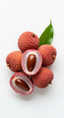 A vibrant display of fresh lychees with green leaves on a clean white background