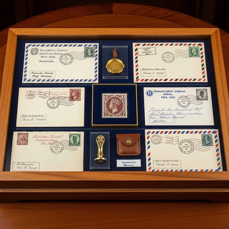 A framed collection of vintage envelopes and stamps with a gold coin and seal