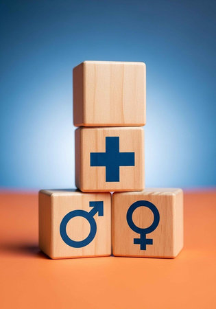 A stack of wooden blocks with male, female, and medical symbols on themの写真素材