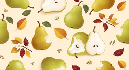 A vibrant pattern of pears and leaves on a soft cream backgroundの写真素材