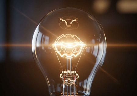 A glowing lightbulb shines brightly in a dark room with a blurred background